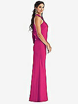 Side View Thumbnail - Think Pink Draped Twist Halter Tie-Back Trumpet Gown