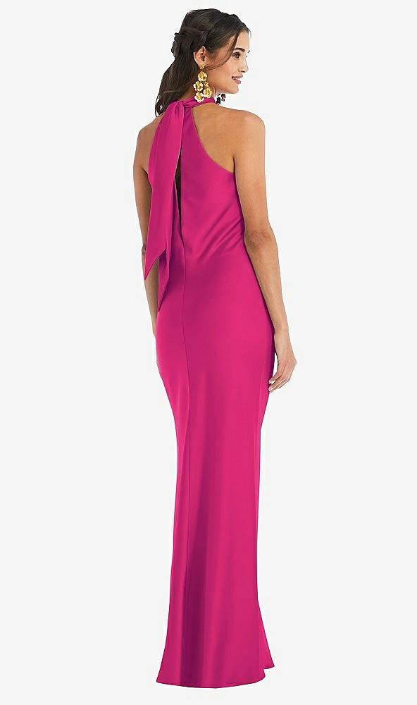 Back View - Think Pink Draped Twist Halter Tie-Back Trumpet Gown
