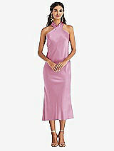 Front View Thumbnail - Powder Pink Draped Twist Halter Tie-Back Midi Dress - Paloma