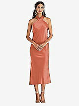 Front View Thumbnail - Terracotta Copper Draped Twist Halter Tie-Back Midi Dress - Paloma