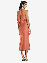 Rear View Thumbnail - Terracotta Copper Draped Twist Halter Tie-Back Midi Dress - Paloma