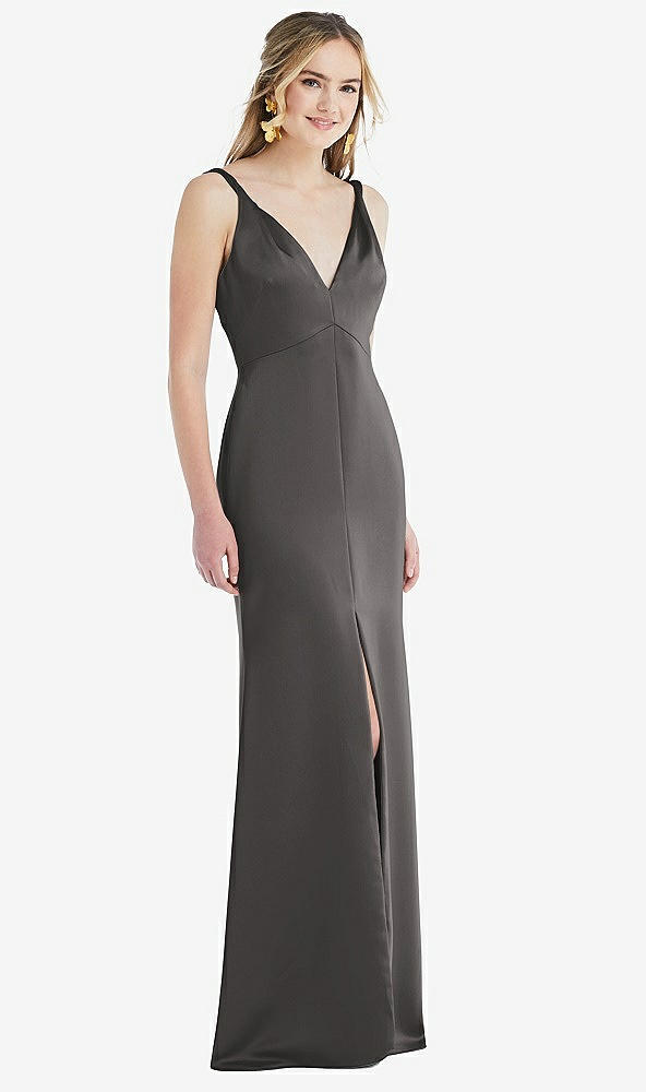 Front View - Caviar Gray Twist Strap Maxi Slip Dress with Front Slit - Neve