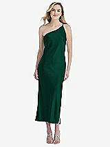 Front View Thumbnail - Hunter Green One-Shoulder Asymmetrical Midi Slip Dress