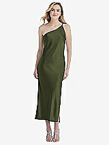 Front View Thumbnail - Olive Green One-Shoulder Asymmetrical Midi Slip Dress