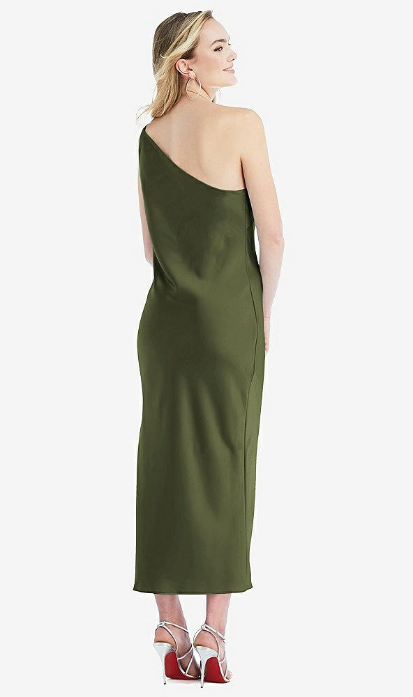 Back View - Olive Green One-Shoulder Asymmetrical Midi Slip Dress