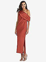 Front View Thumbnail - Amber Sunset Draped One-Shoulder Convertible Midi Slip Dress