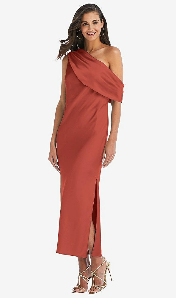 Front View - Amber Sunset Draped One-Shoulder Convertible Midi Slip Dress