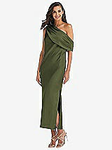 Front View Thumbnail - Olive Green Draped One-Shoulder Convertible Midi Slip Dress