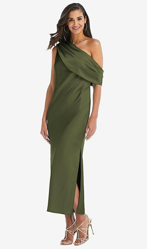 Front View - Olive Green Draped One-Shoulder Convertible Midi Slip Dress