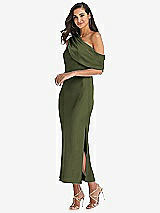 Side View Thumbnail - Olive Green Draped One-Shoulder Convertible Midi Slip Dress