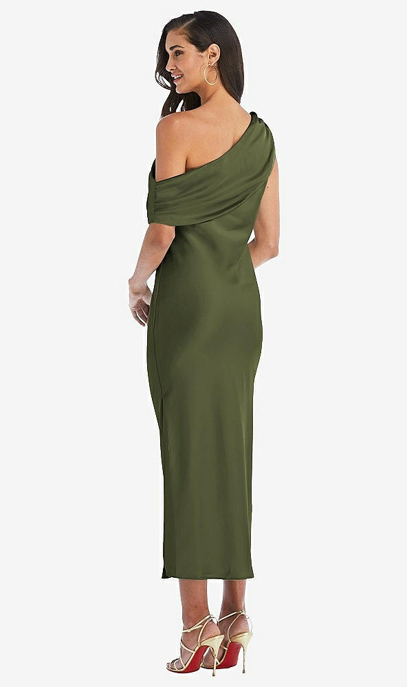 Back View - Olive Green Draped One-Shoulder Convertible Midi Slip Dress