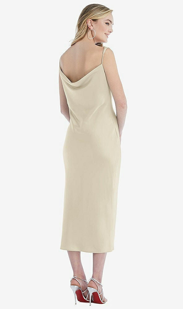 Back View - Champagne Asymmetrical One-Shoulder Cowl Midi Slip Dress