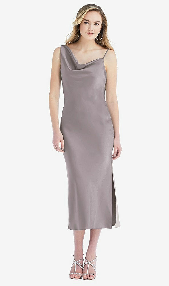 Front View - Cashmere Gray Asymmetrical One-Shoulder Cowl Midi Slip Dress