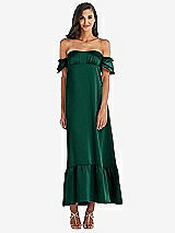Front View Thumbnail - Hunter Green Ruffled Off-the-Shoulder Tiered Cuff Sleeve Midi Dress