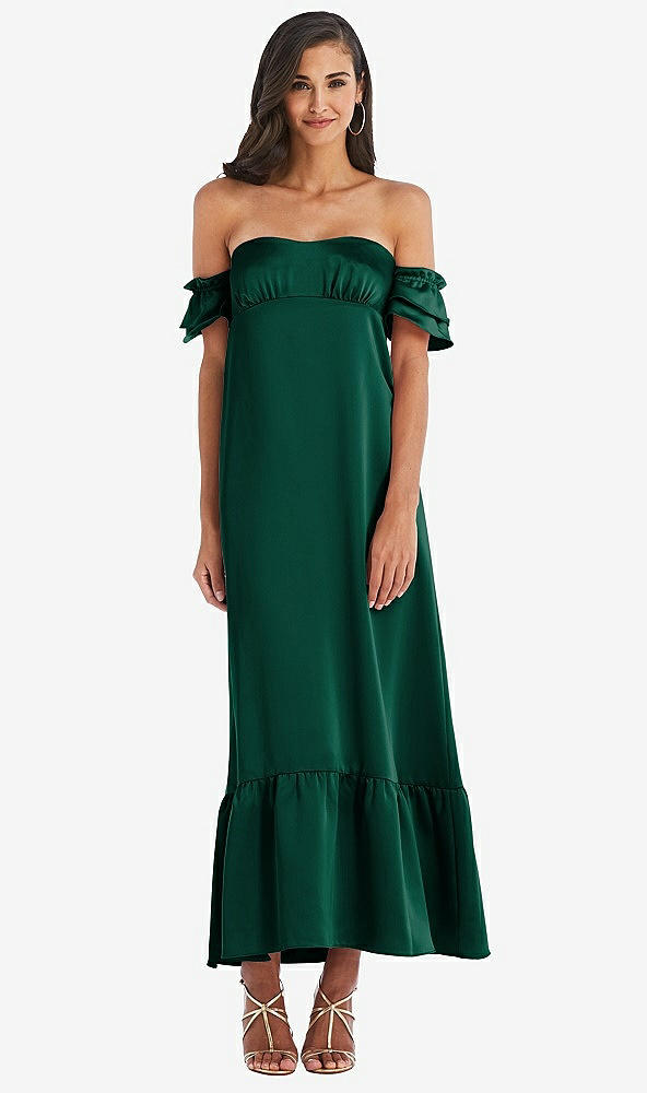 Front View - Hunter Green Ruffled Off-the-Shoulder Tiered Cuff Sleeve Midi Dress