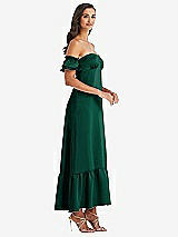 Side View Thumbnail - Hunter Green Ruffled Off-the-Shoulder Tiered Cuff Sleeve Midi Dress