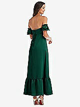 Rear View Thumbnail - Hunter Green Ruffled Off-the-Shoulder Tiered Cuff Sleeve Midi Dress