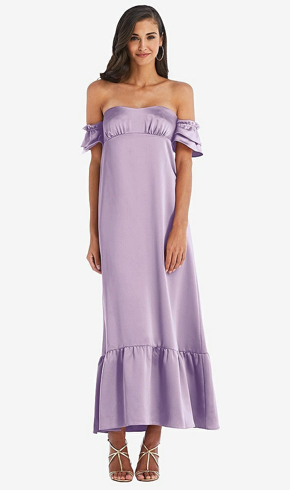 Front View - Pale Purple Ruffled Off-the-Shoulder Tiered Cuff Sleeve Midi Dress