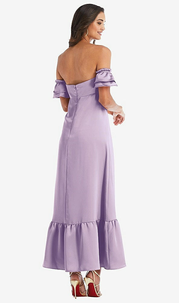 Back View - Pale Purple Ruffled Off-the-Shoulder Tiered Cuff Sleeve Midi Dress