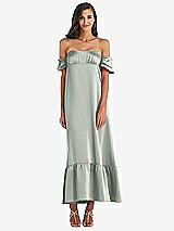 Front View Thumbnail - Willow Green Ruffled Off-the-Shoulder Tiered Cuff Sleeve Midi Dress