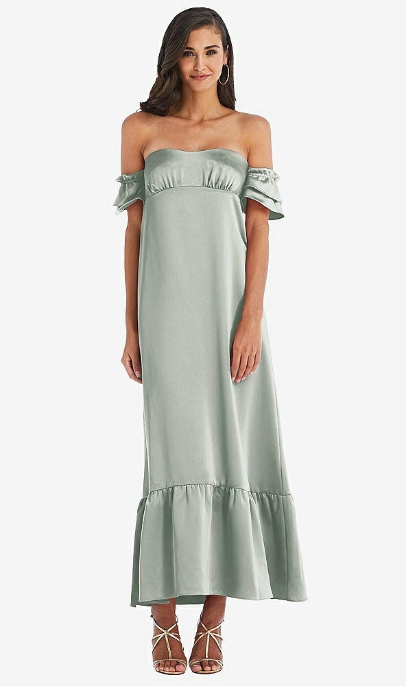 Front View - Willow Green Ruffled Off-the-Shoulder Tiered Cuff Sleeve Midi Dress