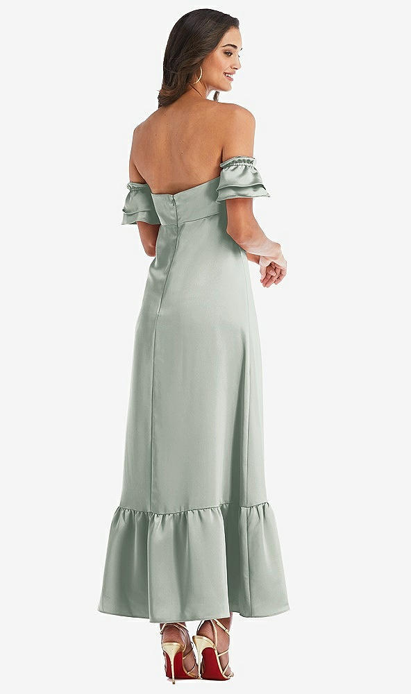 Back View - Willow Green Ruffled Off-the-Shoulder Tiered Cuff Sleeve Midi Dress