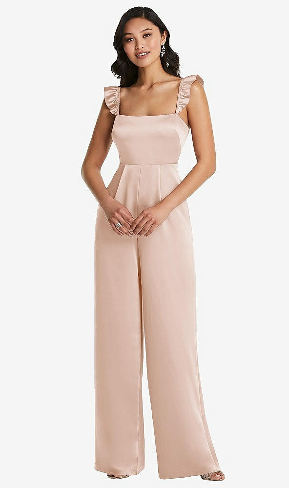 Front View - Cameo Ruffled Sleeve Tie-Back Jumpsuit with Pockets