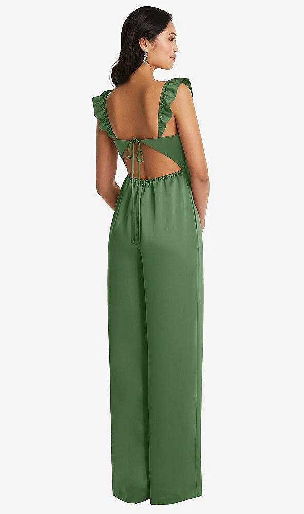 Back View - Vineyard Green Ruffled Sleeve Tie-Back Jumpsuit with Pockets