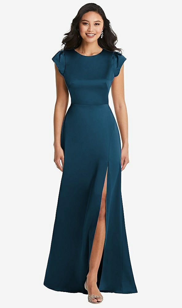 Front View - Atlantic Blue Shirred Cap Sleeve Maxi Dress with Keyhole Cutout Back