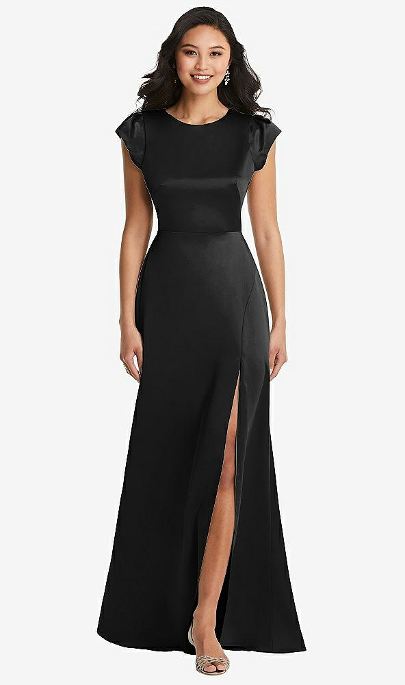 Front View - Black Shirred Cap Sleeve Maxi Dress with Keyhole Cutout Back
