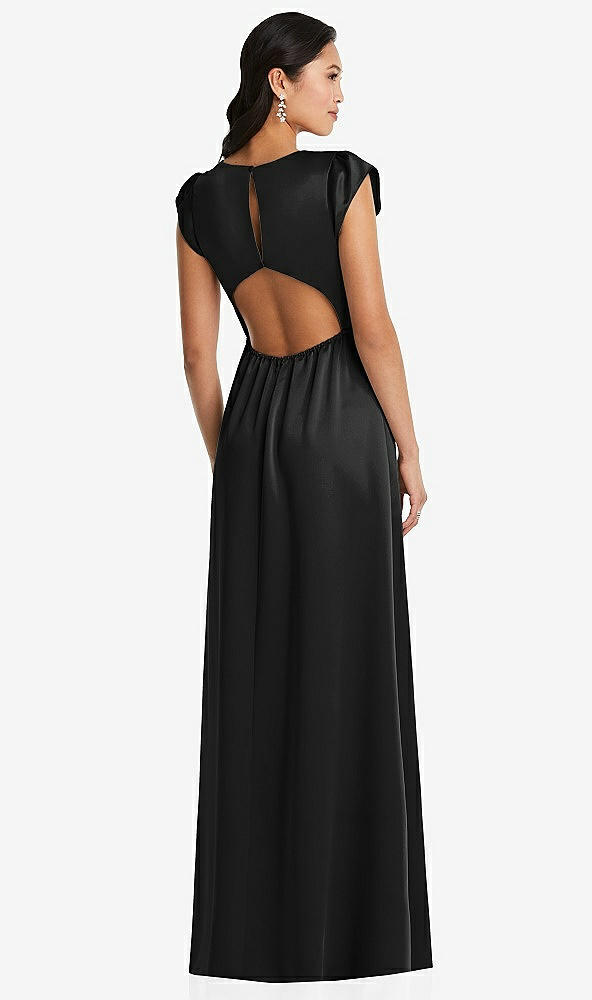 Back View - Black Shirred Cap Sleeve Maxi Dress with Keyhole Cutout Back