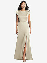 Front View Thumbnail - Champagne Shirred Cap Sleeve Maxi Dress with Keyhole Cutout Back