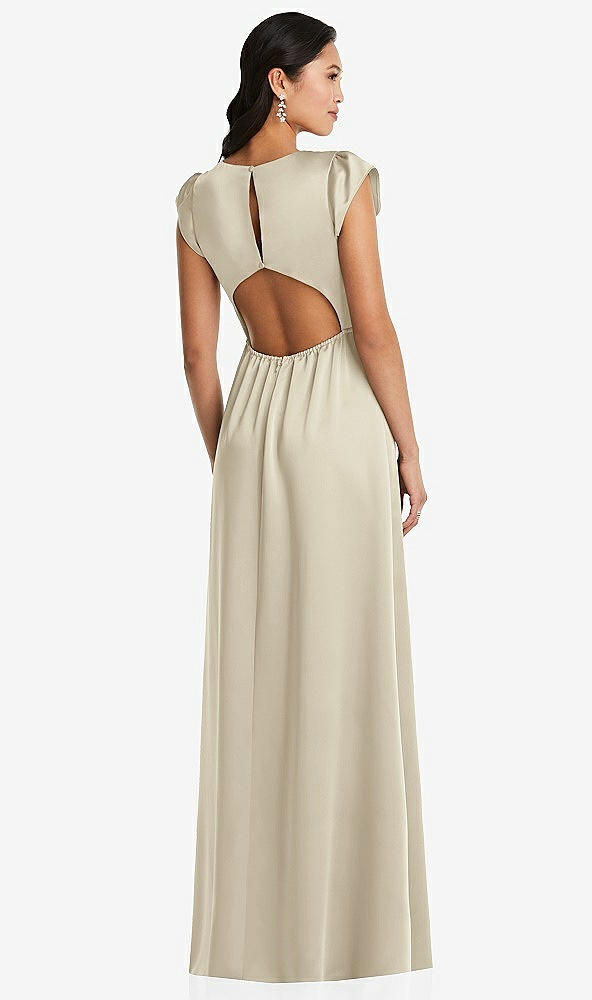 Back View - Champagne Shirred Cap Sleeve Maxi Dress with Keyhole Cutout Back
