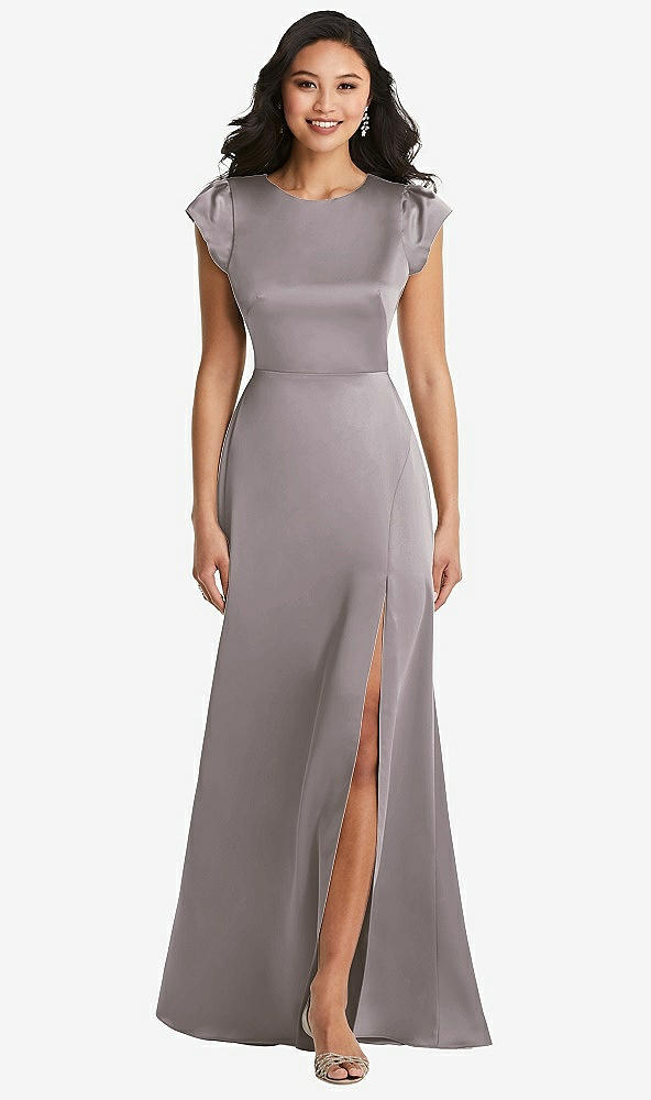 Front View - Cashmere Gray Shirred Cap Sleeve Maxi Dress with Keyhole Cutout Back
