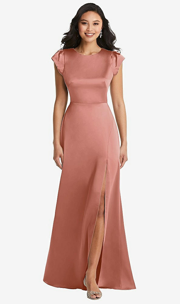 Front View - Desert Rose Shirred Cap Sleeve Maxi Dress with Keyhole Cutout Back