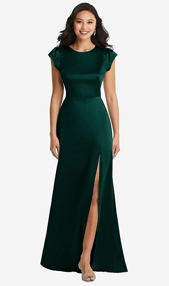 Front View - Evergreen Shirred Cap Sleeve Maxi Dress with Keyhole Cutout Back