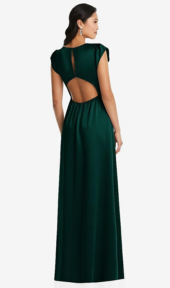 Back View - Evergreen Shirred Cap Sleeve Maxi Dress with Keyhole Cutout Back