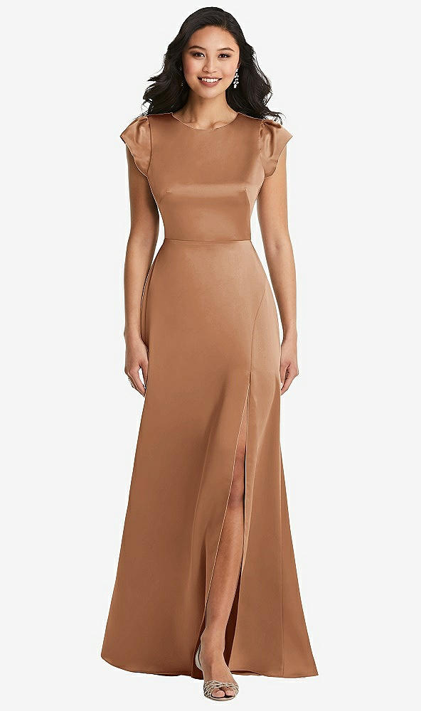 Front View - Toffee Shirred Cap Sleeve Maxi Dress with Keyhole Cutout Back