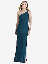 Front View Thumbnail - Atlantic Blue One-Shoulder Asymmetrical Maxi Slip Dress