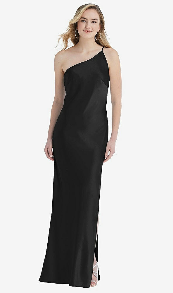 Front View - Black One-Shoulder Asymmetrical Maxi Slip Dress