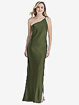 Front View Thumbnail - Olive Green One-Shoulder Asymmetrical Maxi Slip Dress