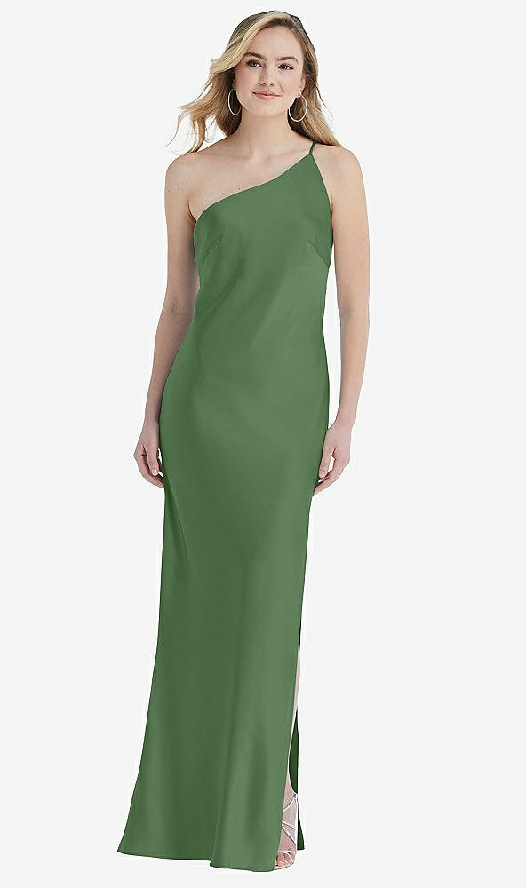 Front View - Vineyard Green One-Shoulder Asymmetrical Maxi Slip Dress