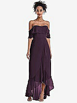 Front View Thumbnail - Aubergine Off-the-Shoulder Ruffled High Low Maxi Dress