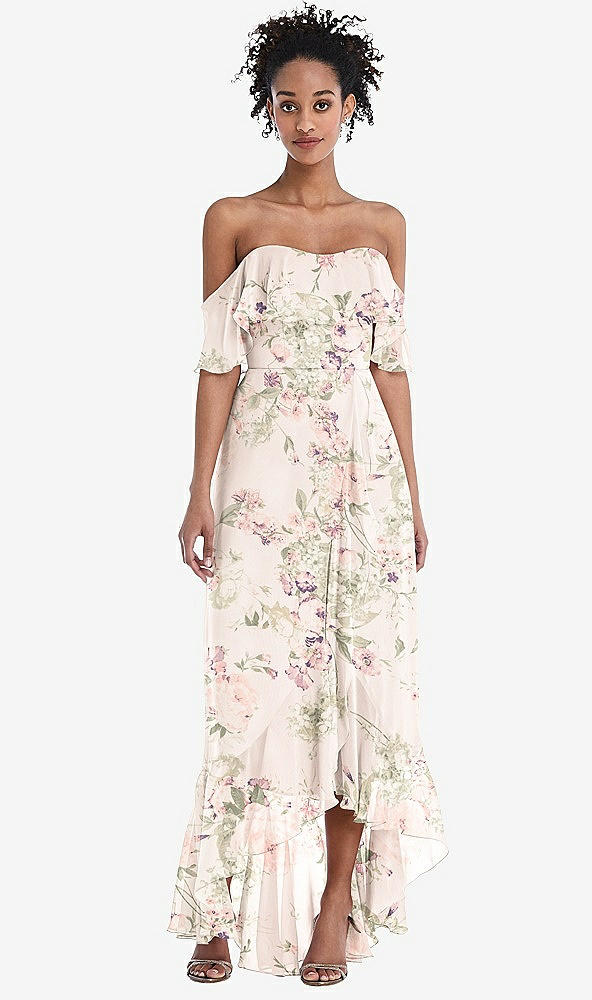 Front View - Blush Garden Off-the-Shoulder Ruffled High Low Maxi Dress