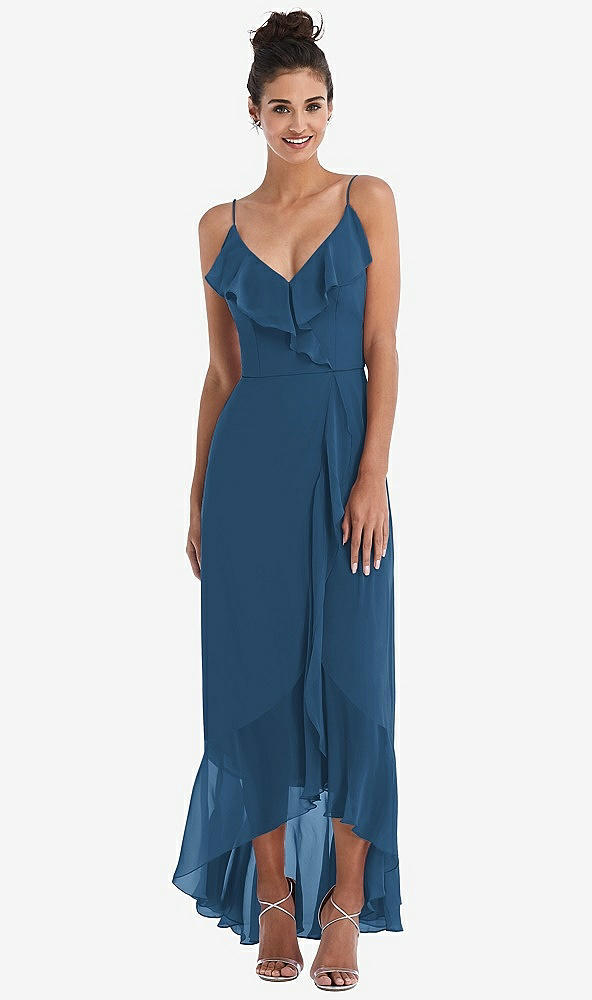 Front View - Dusk Blue Ruffle-Trimmed V-Neck High Low Wrap Dress