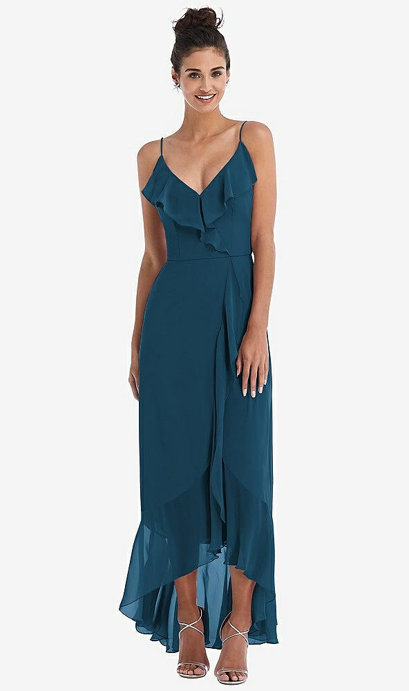 Front View - Atlantic Blue Ruffle-Trimmed V-Neck High Low Wrap Dress