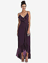 Front View Thumbnail - Aubergine Ruffle-Trimmed V-Neck High Low Wrap Dress