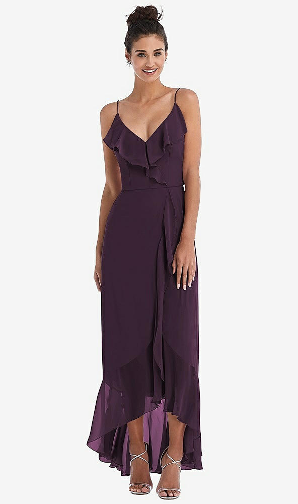 Front View - Aubergine Ruffle-Trimmed V-Neck High Low Wrap Dress