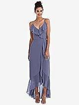 Front View Thumbnail - French Blue Ruffle-Trimmed V-Neck High Low Wrap Dress