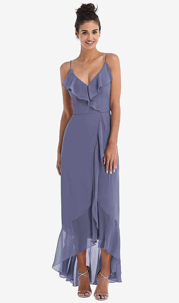 Front View - French Blue Ruffle-Trimmed V-Neck High Low Wrap Dress